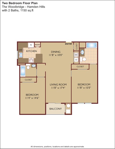 Floor plan for 2 beds, 2 baths, 1150 sqft